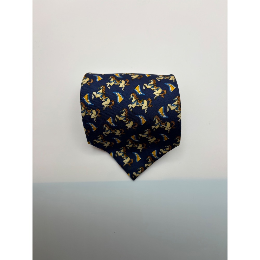 Lancel Paris Mens Silk Tie Navy Blue Carousel Horse Equestrian Print Made France